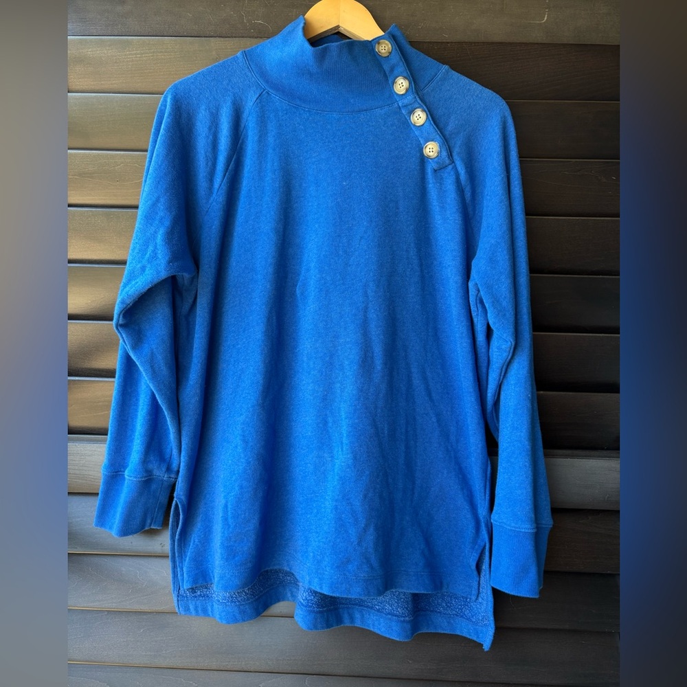J Crew Blue Mock Neck Button Detail Pullover Sweatshirt Women Size L